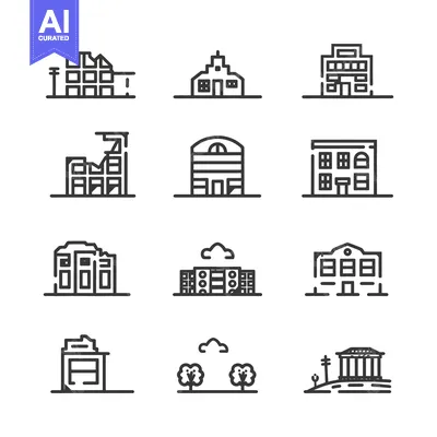 Aset desain premium: Set of Doodle Building Icons, Black Outline Style