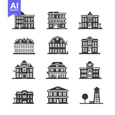 Aset desain premium: Collection of Black and White Building Icons