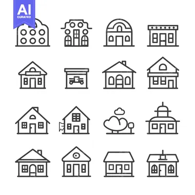 Aset desain premium: Collection of Line Art Building and House Icons