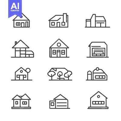 Aset premium populer: Collection of Line Drawings Depicting Various House and Building Style