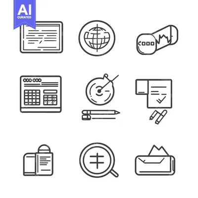 Aset desain premium: Nine Simple Black and White Line Icons Related to Business and Finance