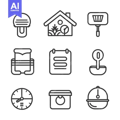 Set of Nine Line Icons for Clocks, Homes, and Food