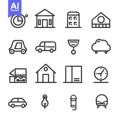Aset premium populer: A Collection of Line Art Icons Depicting Buildings, Vehicles, and Time