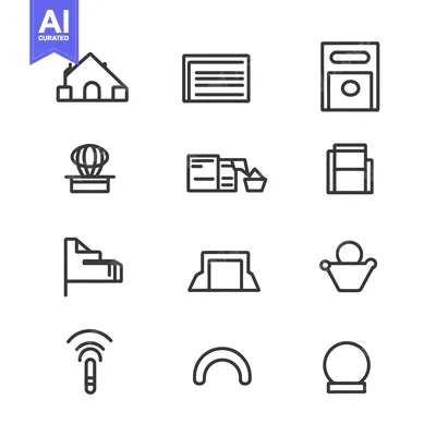 Set of 12 Line Icons of Buildings, Objects and Places