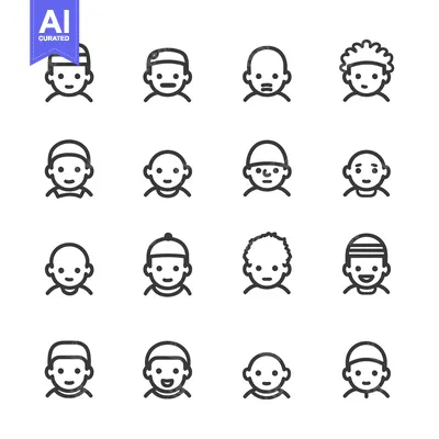 Aset desain premium: Sixteen Outline Icons of Diverse Male Faces with Various Hairstyles an