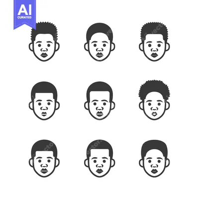 Premium design asset: Nine Black and White Male Face Icons with Different Hairstyles