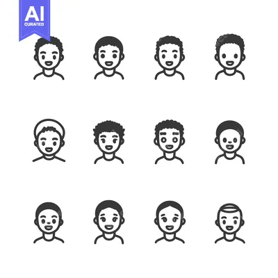 Aset desain premium: Set of 12 Male Cartoon Faces with Different Hairstyles