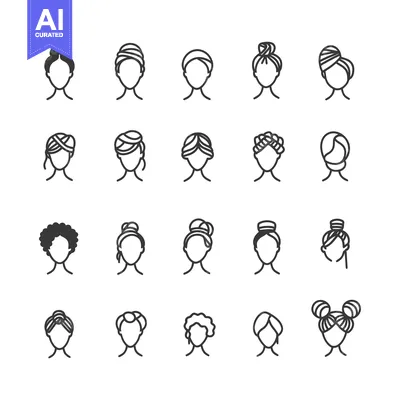 Aset desain premium: Collection of Female Hairstyle Icons in Outline Style