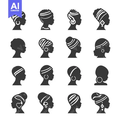 Aset premium populer: Sixteen Black Female Silhouettes with Head Wraps and Earrings