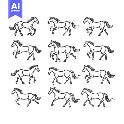 Twelve Line Drawings of Galloping Horses