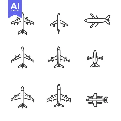 Aset desain premium: Nine Airplane Icons in Line Art Style
