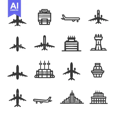Aset premium populer: Airport Icon Set with Planes, Buildings, and Control Tower