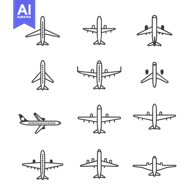 Aset desain premium: Set of 12 Outline Airplane Icons in Different Positions