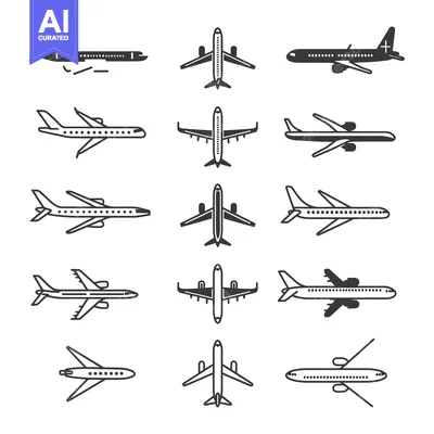 Aset premium populer: Collection of Different Airplane Silhouette Icons in Various Positions