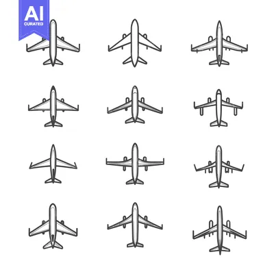Set of twelve airplane icons in a simple line style