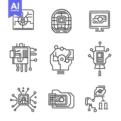 Premium design asset: Nine Outline Icons Depicting Microchips and Circuit Boards