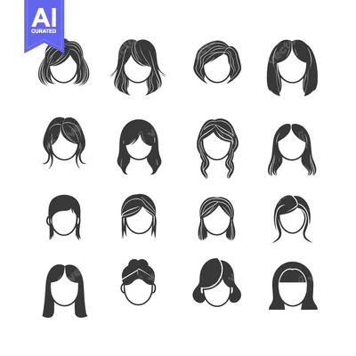 Aset desain premium: Sixteen Black and White Female Hairstyle Icons