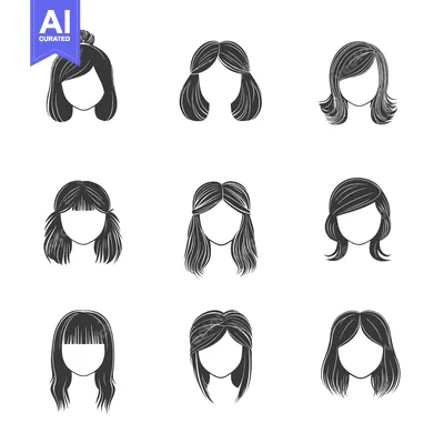 Aset premium populer: Nine Different Hairstyles for Women Illustrated in Black and White
