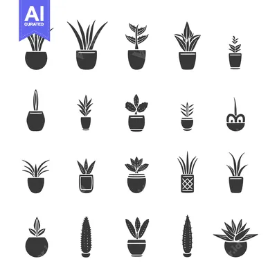 Aset premium populer: Collection of potted plant icons in black silhouette