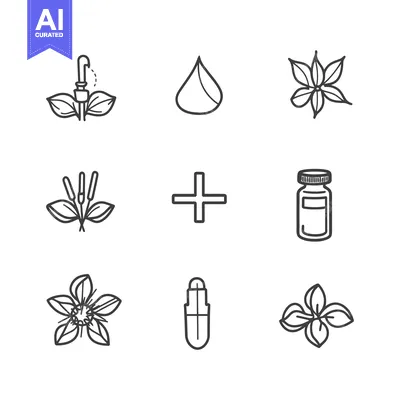 Download Set of Essential Oil Icons with Flowers and Bottles Vector Graphic
