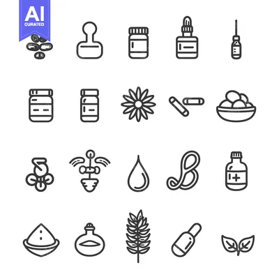 Download Black and White Line Drawings of Herbal Supplements and Ingredients Vector Graphic