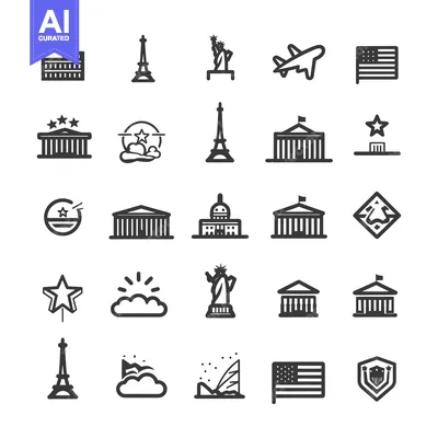A collection of black and white icons depicting famous landmarks and s