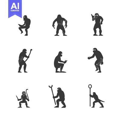 Aset desain premium: Nine Black Silhouettes of Primitive Humans Depicting Various Actions