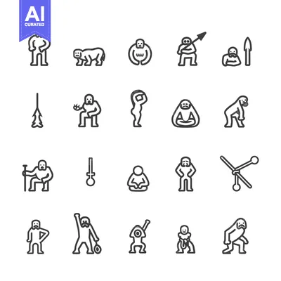 Aset premium populer: Collection of Primitive Human Icons in Line Art Style