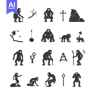 Aset premium populer: Set of Primitive Hominid Icons Depicting Evolution, Tools, and Environ