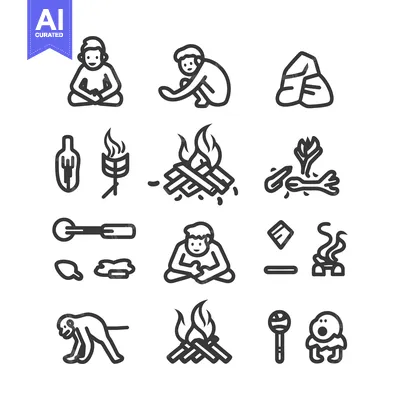 Premium design asset: Set of line icons representing the discovery of fire