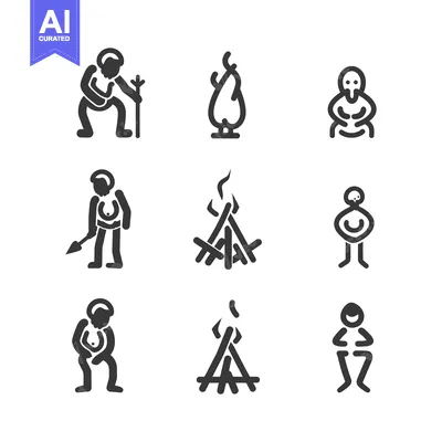 Premium design asset: Set of Simple Caveman Icons with Fire and Weapons