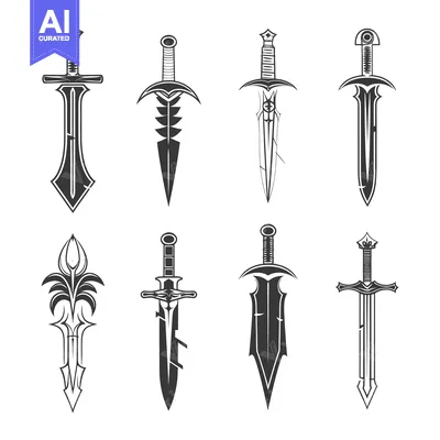 Aset desain premium: Set of 7 Stylized Black and White Swords