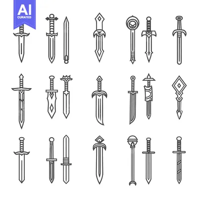 Aset desain premium: A Collection of 21 Sword Illustrations with Varying Designs