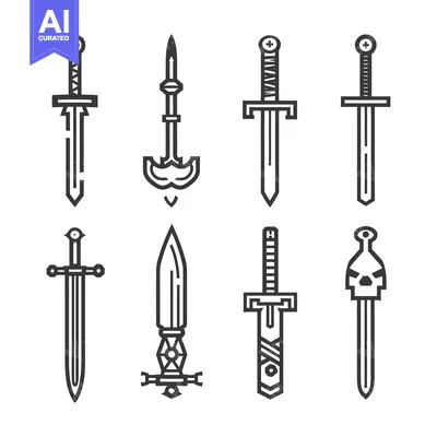 Aset desain premium: Collection of Eight Line Art Swords with Different Designs