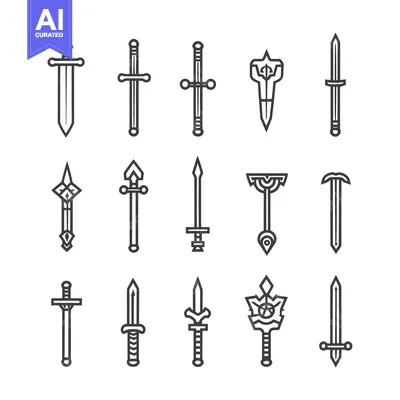 Aset premium populer: A Collection of 15 Unique Sword Line Drawings