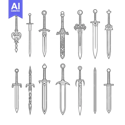 Aset desain premium: Collection of Various Types of Swords Illustrated with Simple Line Dra