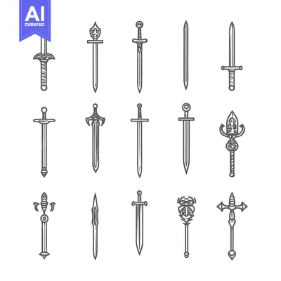 Aset premium populer: Set of Hand Drawn Swords and Weapons with Ornate Designs