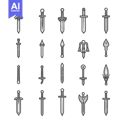 Aset desain premium: Collection of 20 Line Art Sword and Dagger Designs