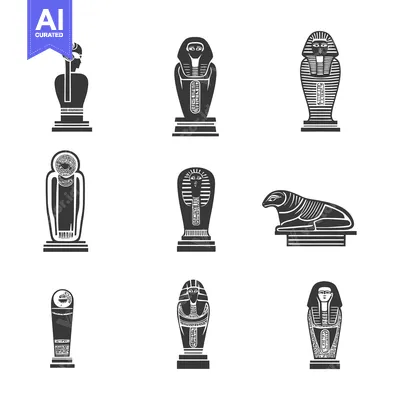 Aset desain premium: Set of Egyptian Pharaoh Sarcophagus and Statues Icons