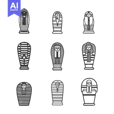 Aset desain premium: Set of nine black and white stylized Egyptian sarcophagi with hierogly