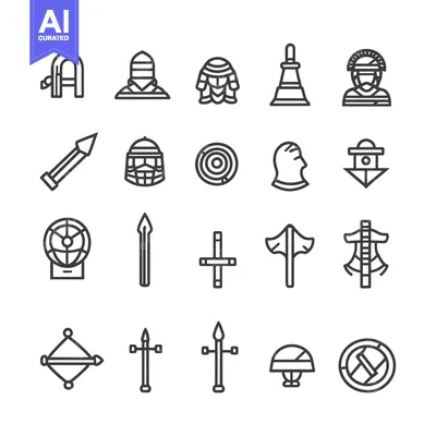 Aset desain premium: Set of Linear Icons Representing Ancient Military Equipment and Weapon