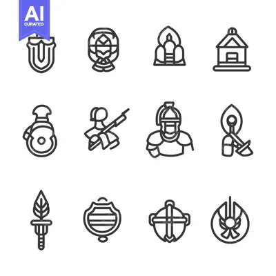 Aset desain premium: Set of Medieval and Fantasy Icons with Weapons, Shields and Characters