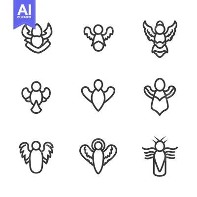 Nine Simple Line Drawings of Angels with Wings
