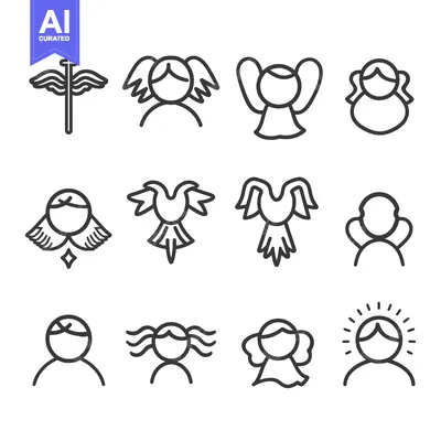 Premium design asset: A set of 12 line art icons depicting angels with wings