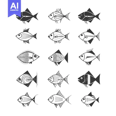 Aset premium populer: Twelve stylized black and white fish illustrations