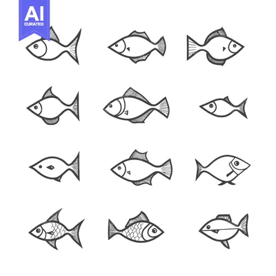 Aset premium populer: Hand-drawn black and white outline fish illustrations