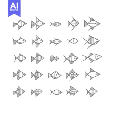 Premium design asset: Collection of 20 Grey Outline Fish Illustrations