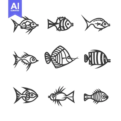 Nine Stylized Black and White Fish Illustrations