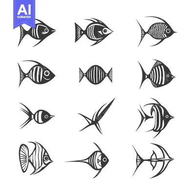 Premium design asset: Collection of Stylized Black and White Fish Illustrations