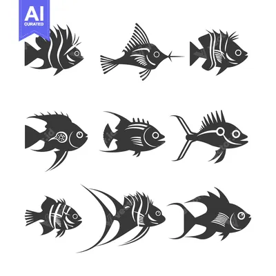 Premium design asset: Set of nine stylized black and white fish silhouettes